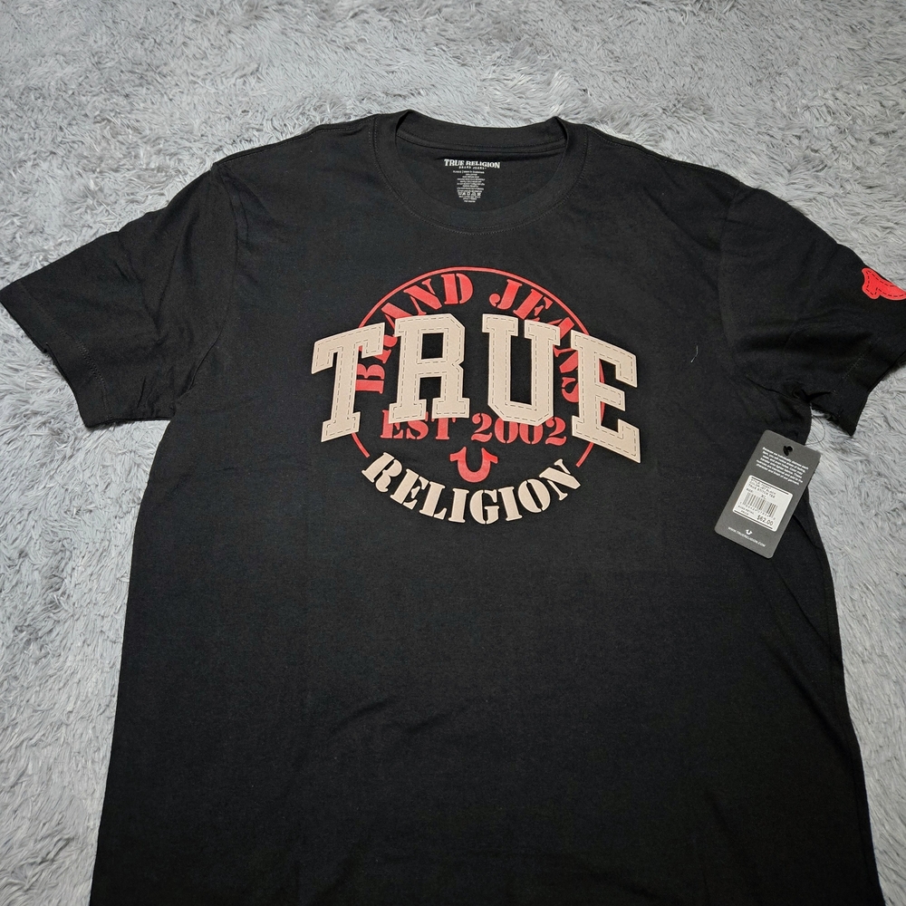 True Religion Black Short Sleeve Tee with Beige and Red 'TRUE' Logo